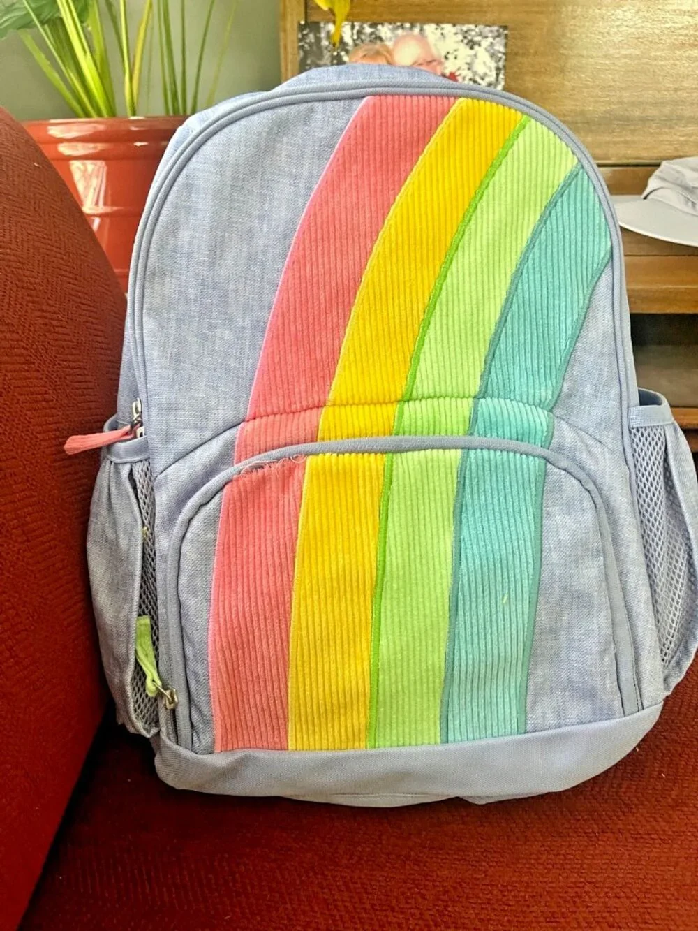 Pottery Barn Kids Mackenzie Large Backpack Rainbow Appliqué Chambray Denim
